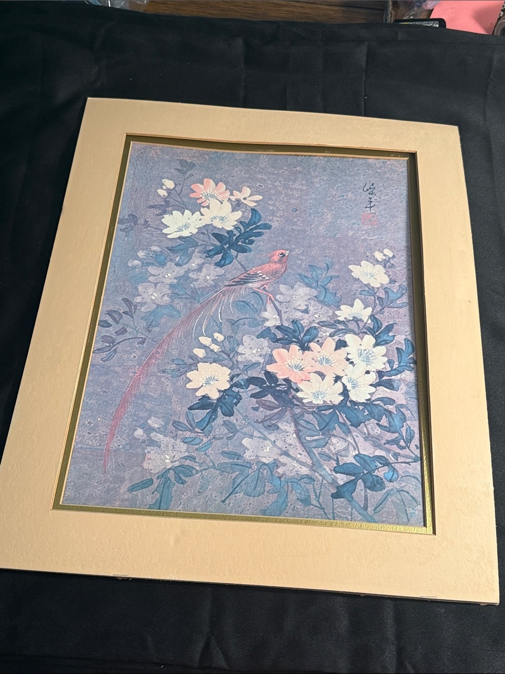 Vintage Floral Bird Chinese Home Art lithograph in Cream and Blue matted